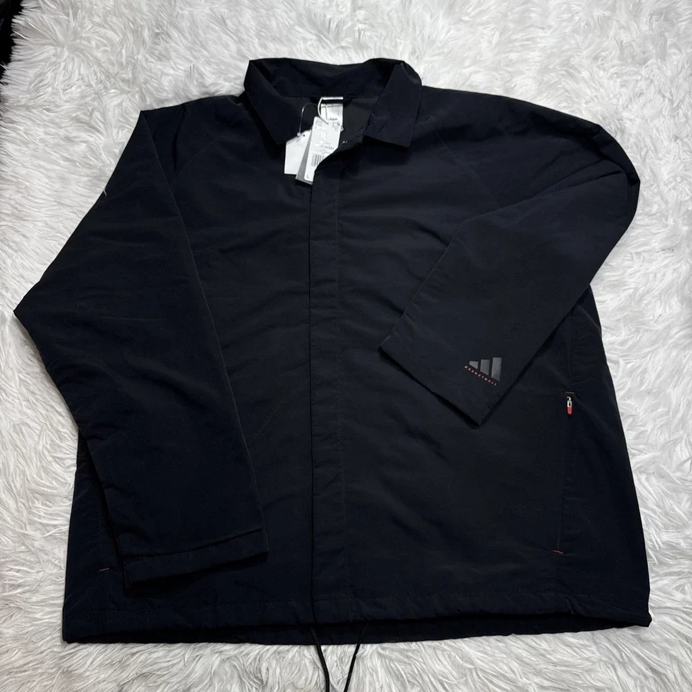 ADIDAS Basketball Warm up Jacket Large Black Track Snap Button Training $140 New
